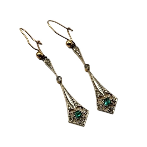 11 - A PAIR OF EARLY 20TH CENTURY 18CT GOLD, DIAMOND AND EMERALD DROP EARRINGS
The square cut emerald set... 