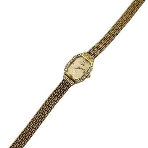 13 - LONGINES, A VINTAGE 18CT GOLD AND DIAMOND LADIES’ WRISTWATCH
The octagonal gold tone dial with diamo... 