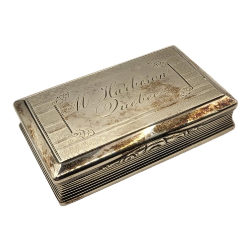 146 - NATHANIAL MILLS, A 19TH CENTURY SILVER RECTANGULAR SNUFF BOX
With engraved inscription 'M Harleson Q... 