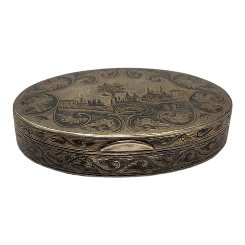 149 - A 19TH CENTURY RUSSIAN SILVER AND NIELLO ENAMEL OVAL SNUFF BOX
With Neillo landscape to lid and gilt... 