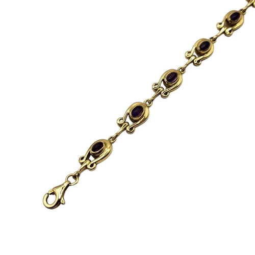 19 - CATHERINE BEST, AN 18CT GOLD AND AMETHYST BRACELET
Having a row of cabochon cut amethyst stones in h... 