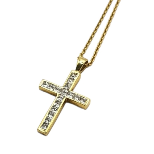 20 - AN 18CT GOLD AND DIAMOND CRUCIFIX PENDANT NECKLACE
Two rows of Princess cut diamonds on a fine link ... 