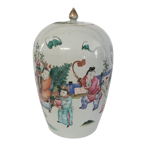 444 - A 19TH CENTURY CHINESE QING DYNASTY FAMILLE ROSE JAR AND COVER 
Celebration of New Year, decorated i... 