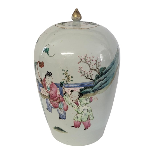 444 - A 19TH CENTURY CHINESE QING DYNASTY FAMILLE ROSE JAR AND COVER 
Celebration of New Year, decorated i... 