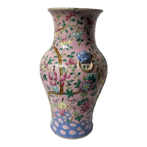 450 - A LATE QING DYNASTY CHINESE FAMILLE ROSE PORCELAIN BALUSTER VASE, CIRCA 1900
Flora pattern, body pol... 