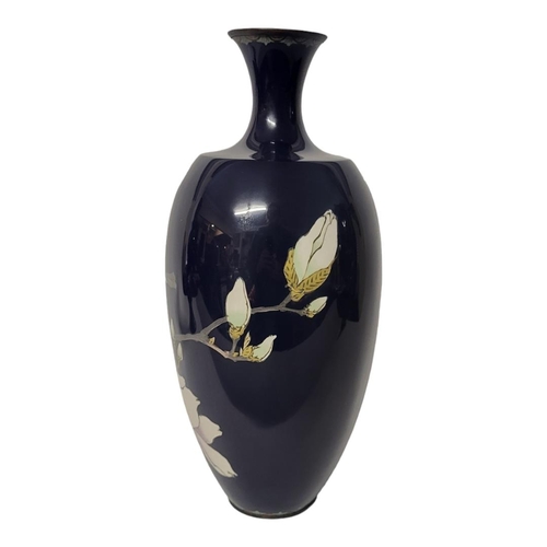 272 - A LATE 19TH CENTURY JAPANESE MEIJI PERIOD BLACK ENAMEL CLOISONNÉ VASE
With everted neck and rim, ena... 