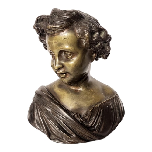 276 - A LATE 19TH CENTURY FRENCH PATINATED BRONZE BUST OF L’AMOUR, A YOUNG GIRL WITH CURLY HAIR AND WRAPOV... 