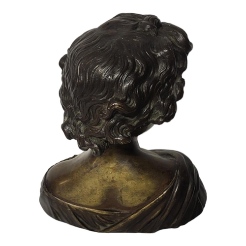 276 - A LATE 19TH CENTURY FRENCH PATINATED BRONZE BUST OF L’AMOUR, A YOUNG GIRL WITH CURLY HAIR AND WRAPOV... 