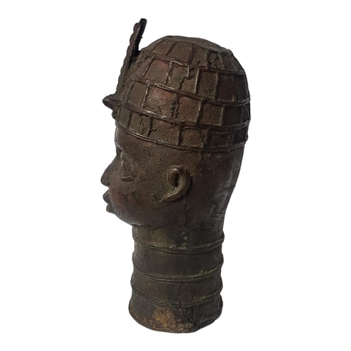 294 - A FINE 19TH CENTURY BENIN TRIBAL CAST BRONZE HEAD BUST, A NATIVE FEMALE IN CEREMONIAL HEADDRESS 
Ben... 