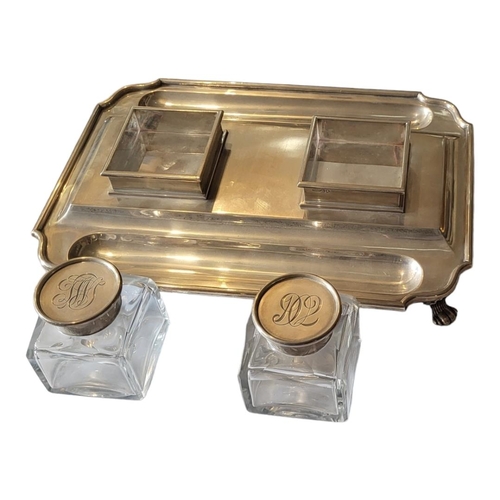 30 - ELKINGTON & CO., A LARGE VICTORIAN SILVER AND GLASS INKSTAND
Two square cut glass inkwells with hing... 