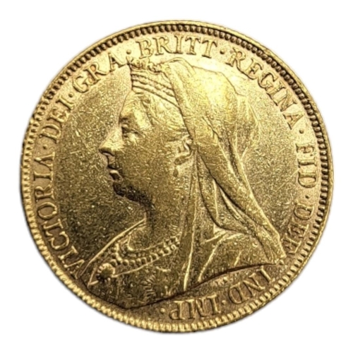 45A - A VICTORIAN 22CT GOLD FULL SOVEREIGN COIN, DATED 1898 
Having a veiled portrait bust and George and ... 