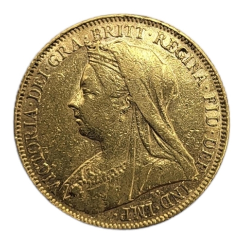 46A - A VICTORIAN 22CT GOLD FULL SOVEREIGN COIN, DATED 1899 
Having a veiled portrait bust and George and ... 