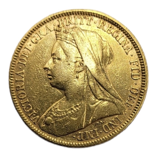 51A - A VICTORIAN 22CT GOLD FULL SOVEREIGN COIN, DATED 1899 
With veiled portrait bust and George and Drag... 