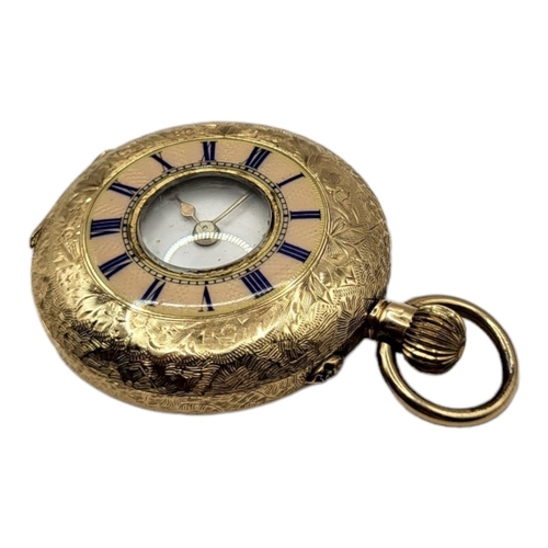 55A - A VICTORIAN 14CT GOLD AND PINK ENAMEL LADIES’ POCKET WATCH
Having engraved decoration and pink and b... 