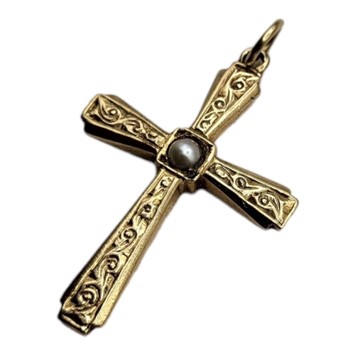 57A - A VINTAGE 9CT GOLD AND PEARL CRUCIFIX
The single pearl to center and engraved decoration.
(approx 3.... 