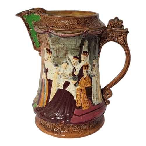 477 - BURLEIGH, A QUEEN ELIZABETH II COMMEMORATIVE POTTERY JUG
Moulded figural scene, marked to base In Co... 