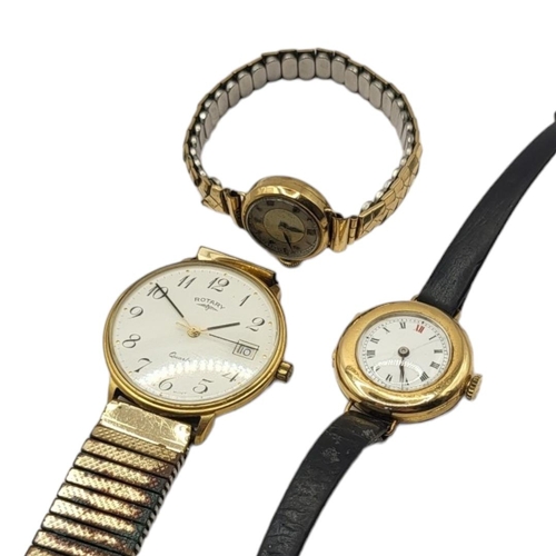 103 - AN EARLY 20TH CENTURY 15ct GOLD LADIES WRISTWATCH
Having 'red twelve' dial, on a black leather strap... 