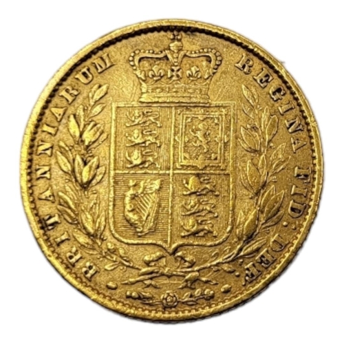 12A - A VICTORIAN 22CT GOLD FULL SOVEREIGN COIN, DATED 1862 
With young Victorian head and shield back, in... 