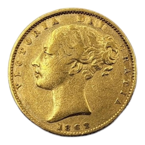 12A - A VICTORIAN 22CT GOLD FULL SOVEREIGN COIN, DATED 1862 
With young Victorian head and shield back, in... 