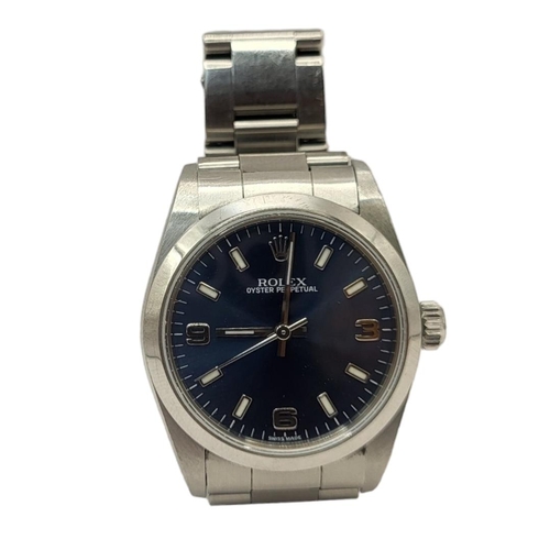 137 - ROLEX, A VINTAGE STAINLESS STEEL MID SIZE LADIES’ WRISTWATCH
Blue tone dial with Arabic quarter mark... 