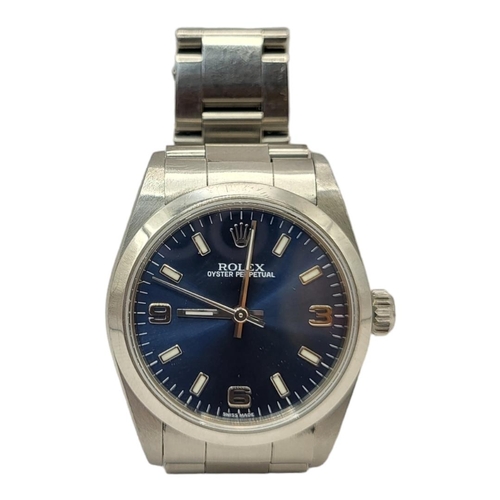 137 - ROLEX, A VINTAGE STAINLESS STEEL MID SIZE LADIES’ WRISTWATCH
Blue tone dial with Arabic quarter mark... 