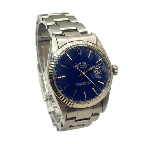 139 - ROLEX, DATEJUST, A VINTAGE STAINLESS STEEL GENT’S WRISTWATCH
Having an 18ct white gold bezel, blue t... 