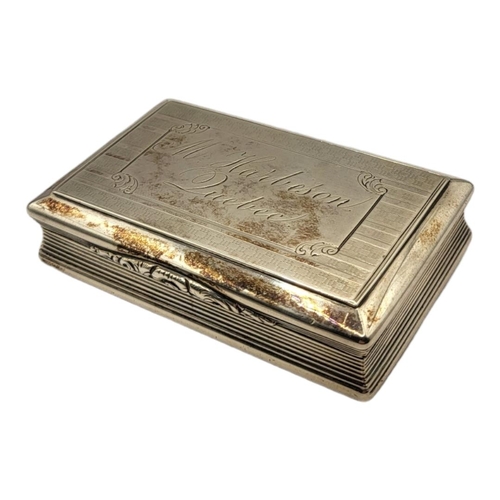 146 - NATHANIAL MILLS, A 19TH CENTURY SILVER RECTANGULAR SNUFF BOX
With engraved inscription 'M Harleson Q... 