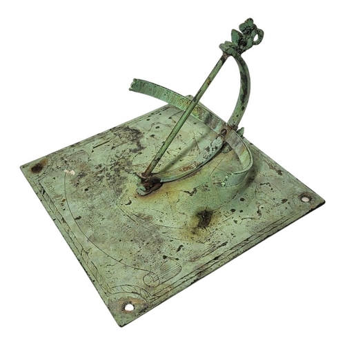 220 - A 19TH CENTURY VERDIGRIS COPPER GARDEN SUNDIAL
The rectangular form with engraved inscription 'Anno ... 