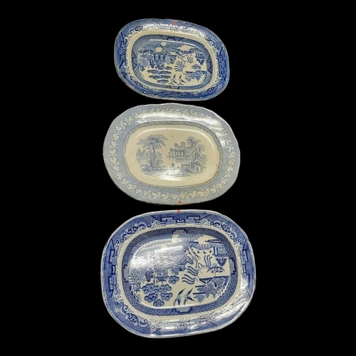 226 - A COLLECTION OF THREE 19TH CENTURY POTTERY MEAT PLATES
Two blue and white willow pattern plates, a P... 