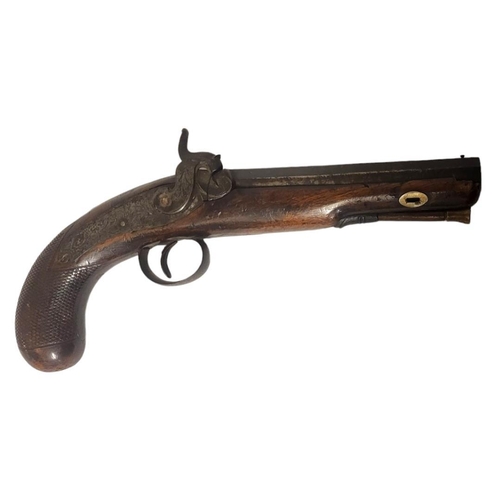 238 - DAVIS, A LATE 18TH/EARLY 19TH CENTURY PERCUSSION CAP PISTOL
Having a steel barrel and engraved lock ... 