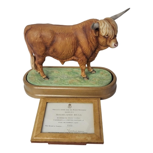 253 - ROYAL WORCESTER, A PORCELAIN MODEL OF A HIGHLAND BULL
Modelled by Doris Lindner, no: 143, decorated ... 