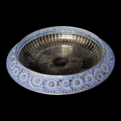 255 - LALIQUE, AN ART DECO MARQUERITES GLASS CENTREPIECE BOWL
Clear and blue frosted flowery border, beari... 