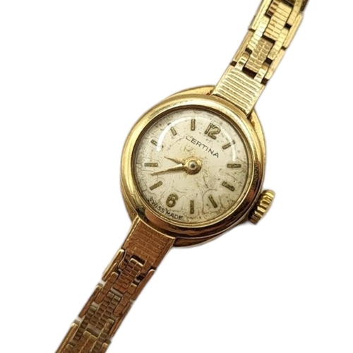 25A - CERTINA, A VINTAGE 9CT GOLD LADIES’ WRISTWATCH
Small circular dial with gilt number markings, on an ... 