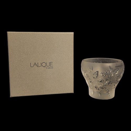 410 - LALIQUE, A VINTAGE  FROSTED GLASS CANDLE HOLDER
Having embossed leaf design, engraved mark to base, ... 