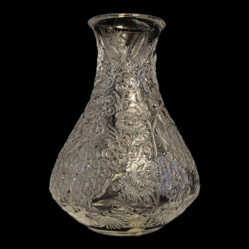 411 - LALIQUE, A VINTAGE EMBOSSED GLASS BALUSTER VASE
With floral decoration, etched mark to base.
(approx... 