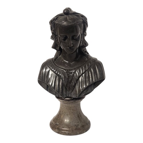 463 - A CARVED STONE FEMALE DESK BUST
On marble plinth. 
(h 26cm)

Condition: some light marks