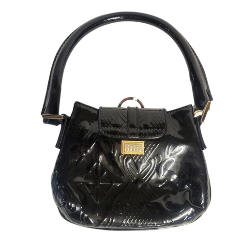 472 - GIANFRANCO FERRE, A VINTAGE PATENT LEATHER HANDBAG
Single handle with metallic monogram mounts and t... 