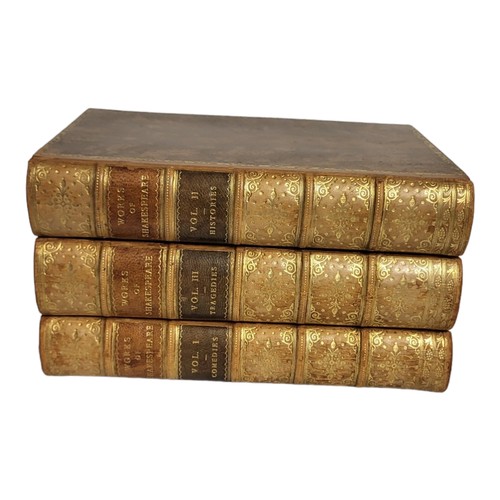 493 - WILLIAM SHAKESPEARE, A SET OF THREE VICTORIAN LEATHER BOUND BOOKS
Titled ‘The Victoria Edition’, pub... 