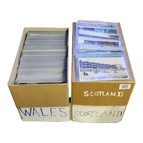 517 - FOUR BOXES CONTAINING APPROX 1000 EARLY  20TH CENTURY AND LATER POSTCARDS OF WALES AND SCOTLAND 
All... 