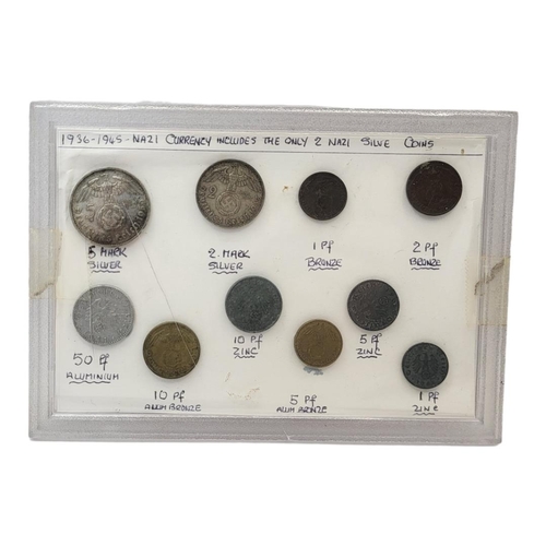 550A - A SET OF WWII GERMAN THIRD RIECH SILVER AND COPPER COINS
Ten coins ranging from 5 marks to I of coin... 