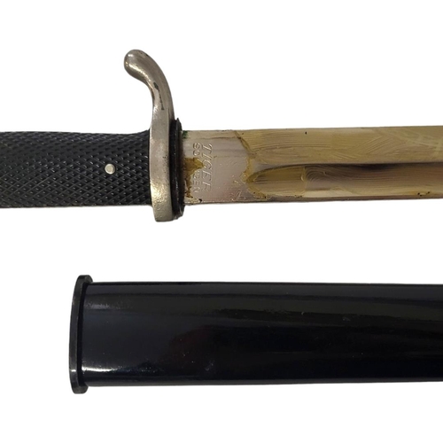 596 - A GERMAN WWII ARMY PARADE BAYONET AND BLACK PAINTED 
By Tiger, Solingen.
(blade 24.5cm, overall 37cm... 