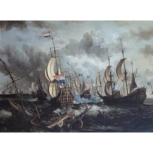 603 - E. PONTHIER, A LARGE 20TH CENTURY OIL ON CANVAS
Marine battle scene, titled 'Royal Prince’ and ‘Othe... 