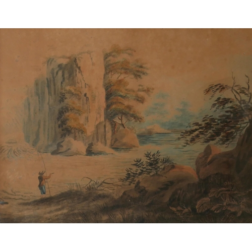 622 - AN 18TH CENTURY CONTINENTAL WATERCOLOUR, MOUNTAINOUS LANDSCAPE, FIGURE IN PERIOD ATTIRE WITH FISHING... 