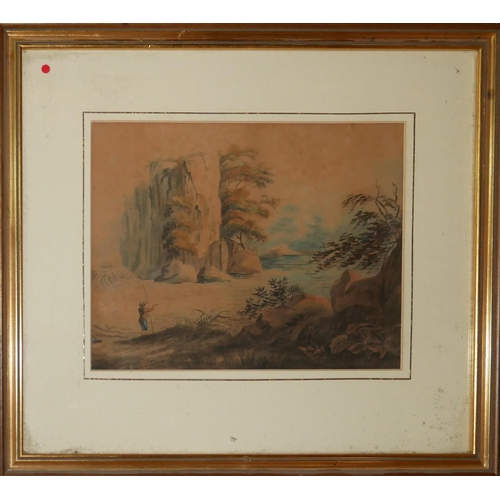 622 - AN 18TH CENTURY CONTINENTAL WATERCOLOUR, MOUNTAINOUS LANDSCAPE, FIGURE IN PERIOD ATTIRE WITH FISHING... 