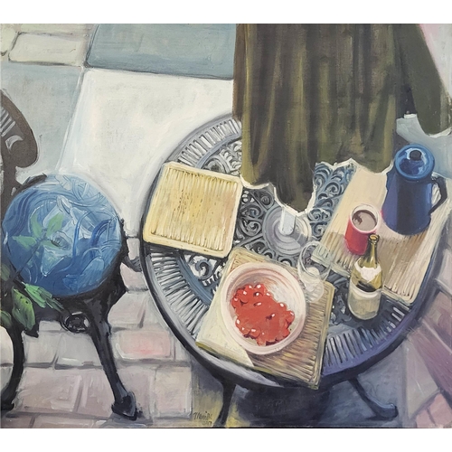 607 - DAVID MERRILLS, R.C.A., OIL ON CANVAS 
Titled ‘Still Life, With Bowl of Cherries’.
(130cm x 116cm)

... 