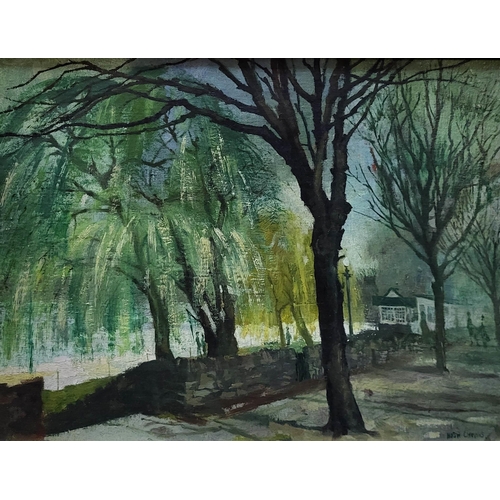 613 - HUGH CHEVINS, B. 1931, OIL ON CANVAS
'Willows beside the Thames at Windsor', signed lower right, gil... 