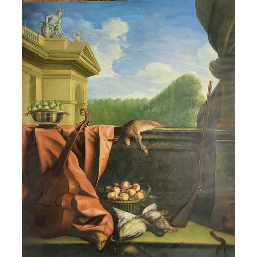 612A - A LARGE DECORATIVE ITALIAN SCHOOL OIL ON CANVAS, LANDSCAPE, POULTRY AND GAME. (200cm x 150cm)

Condi... 