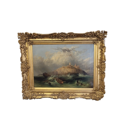 625A - IN THE MANNER OF JAMES WEBB, 1825 - 1875, OIL ON CANVAS 
Seascape, coastal view of Bamburgh Castle w... 