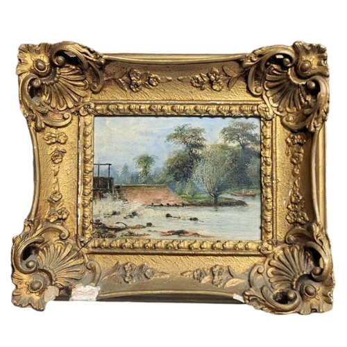 624 - AN EARLY 19TH CENTURY OIL ON BOARD, VIEW OF RIVER AND LOCH
Indistinctly signed lower left, gilt fram... 