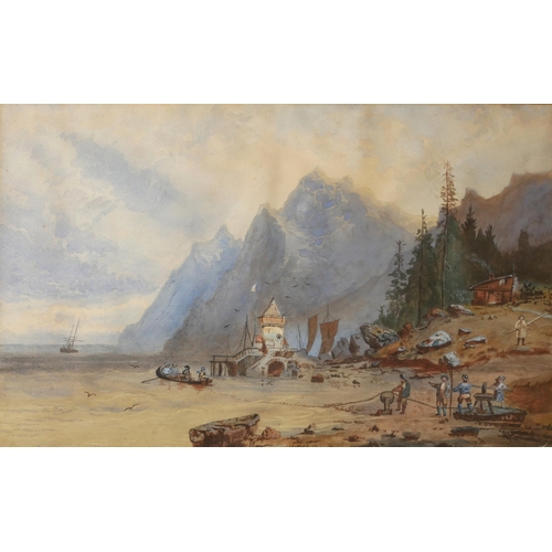 620 - A MID 19TH CENTURY WATERCOLOUR, CANADIAN ROCKIES, FRAMED.
(74cm x 57cm, 52cm x 34cm)